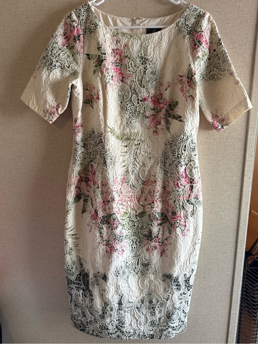 Adriana Papell Women’s Ivory Cream Pink Floral Lace Sequin Knee Length Dress 12